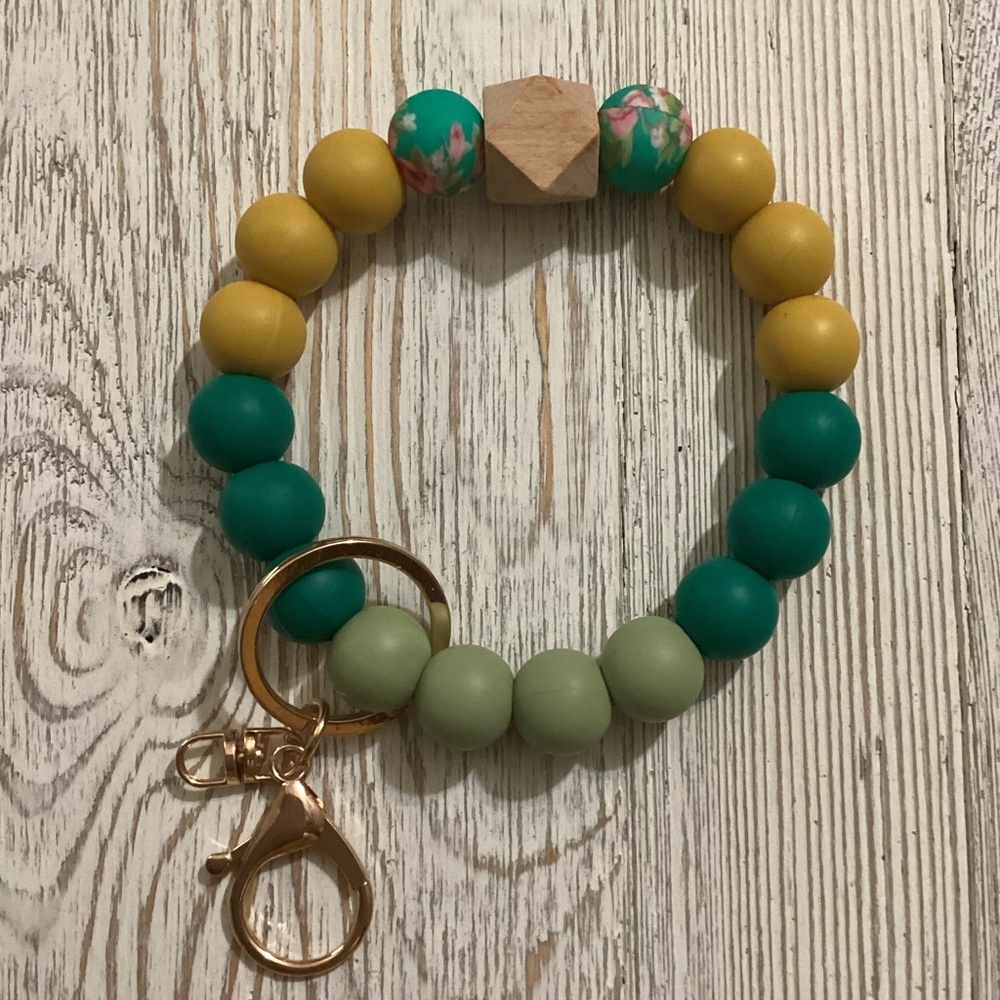 Silicone Beaded Wristlet Keychain Floral Mustard Yellow Green Lg Lobster Clasp